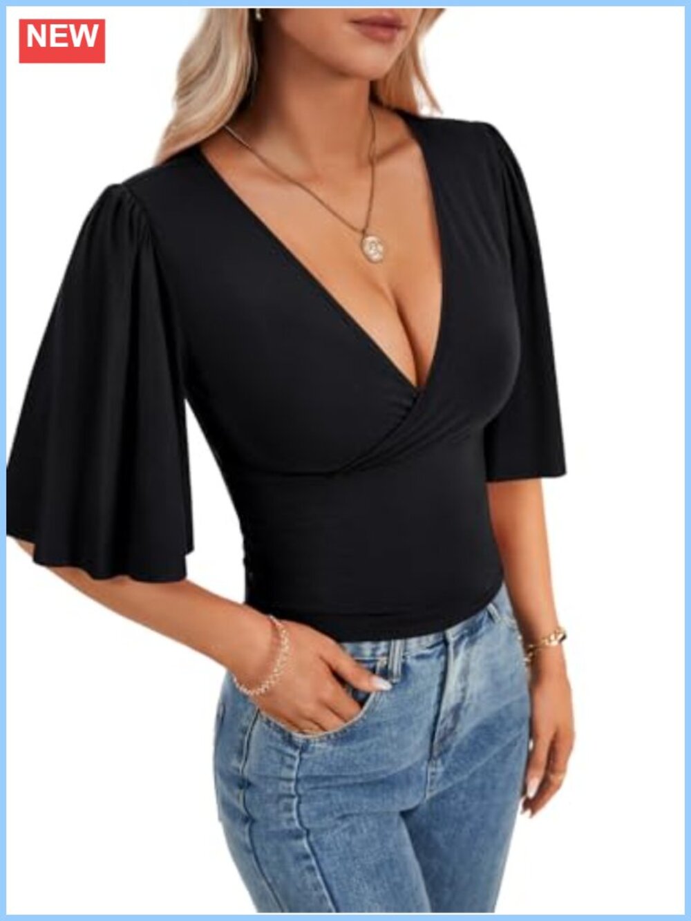 Women's Wrap V Neck Ruffle Sleeve Pleated Blouse